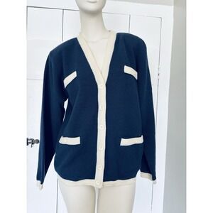 Vintage JH Collectibles Merino Wool Cardigan Sweater Blue White Women's Medium